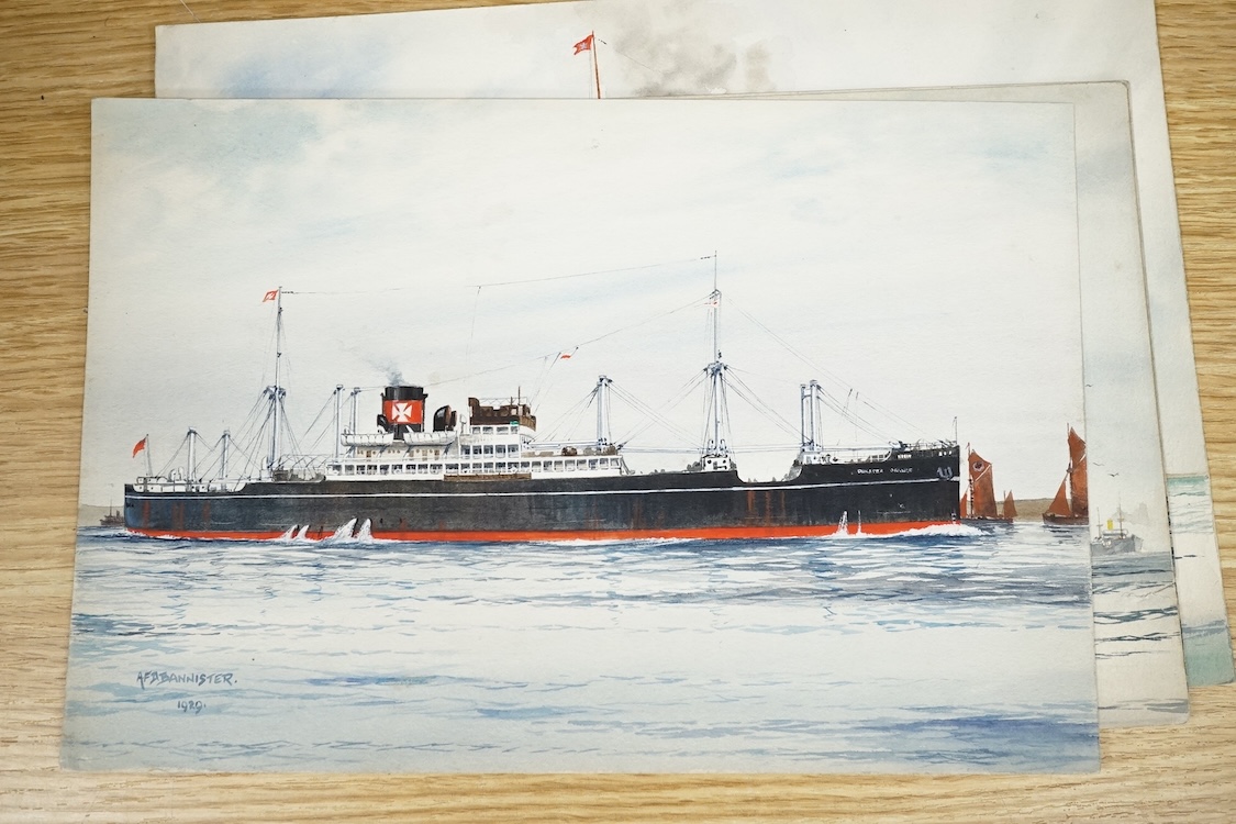 A F D Bannister, set of six original watercolours for postcard designs, Ocean going vessels to include Otranto, Orient Line, Highland Monarch Royal Mail Line and Arandora Star Blue Star Line, each with original pencil in